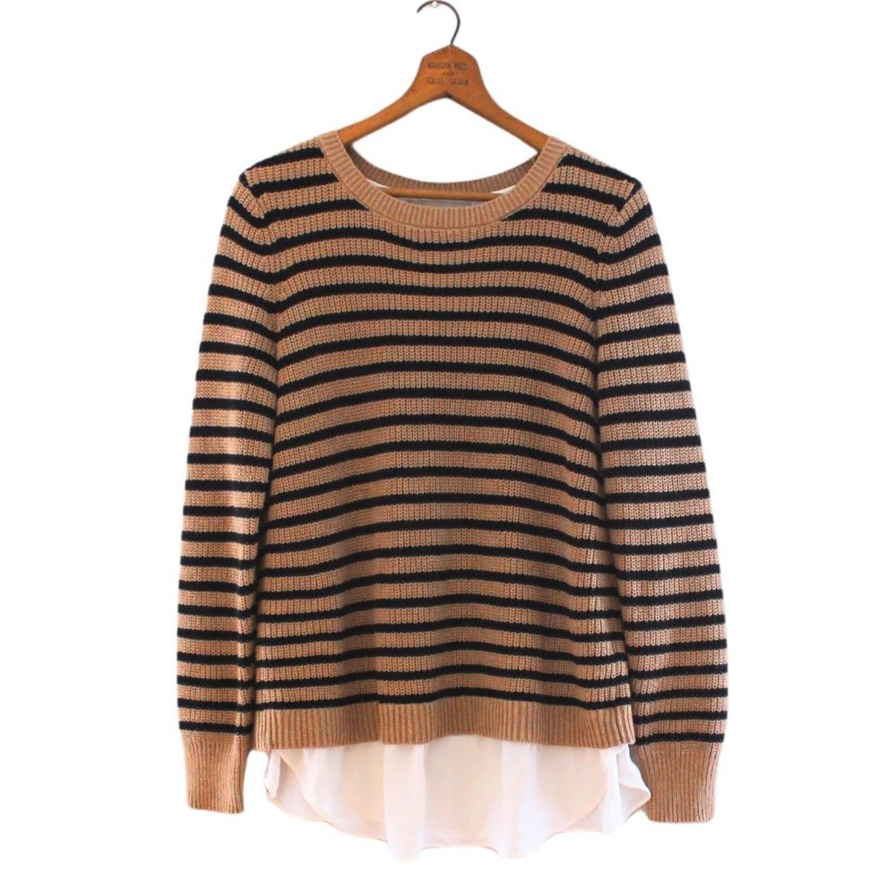 LOFT tan and black striped split back shirt sweater pullover mix media Size M